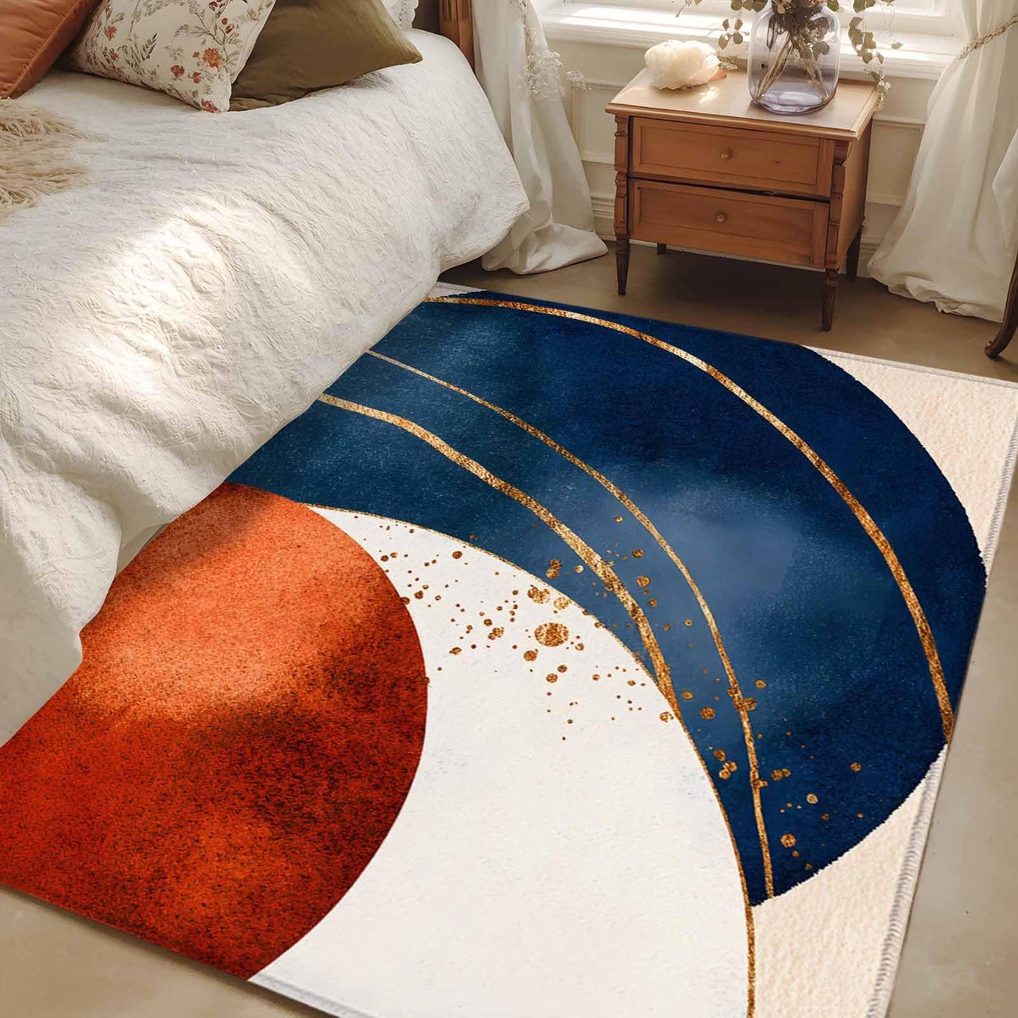 Navy Blue Burnt Orange Area Rug 3x5 FT, Entryway Bedside Carpet, Modern Boho Art Geometric Washable Floor Carpet Indoor Mat Non-Shedding Throw Rug for Dorm Kitchen Home Office