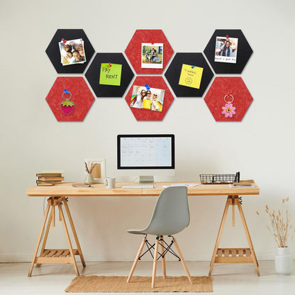 8 Packs Black Red Hexagon Felt Pin Board, 12" Bulletin Board with 30 Push Pins, Felt Board for Home Kitchen Office Decor, Self-Adhesive Corkboard Tiles for Walls Message Photos Memos Display