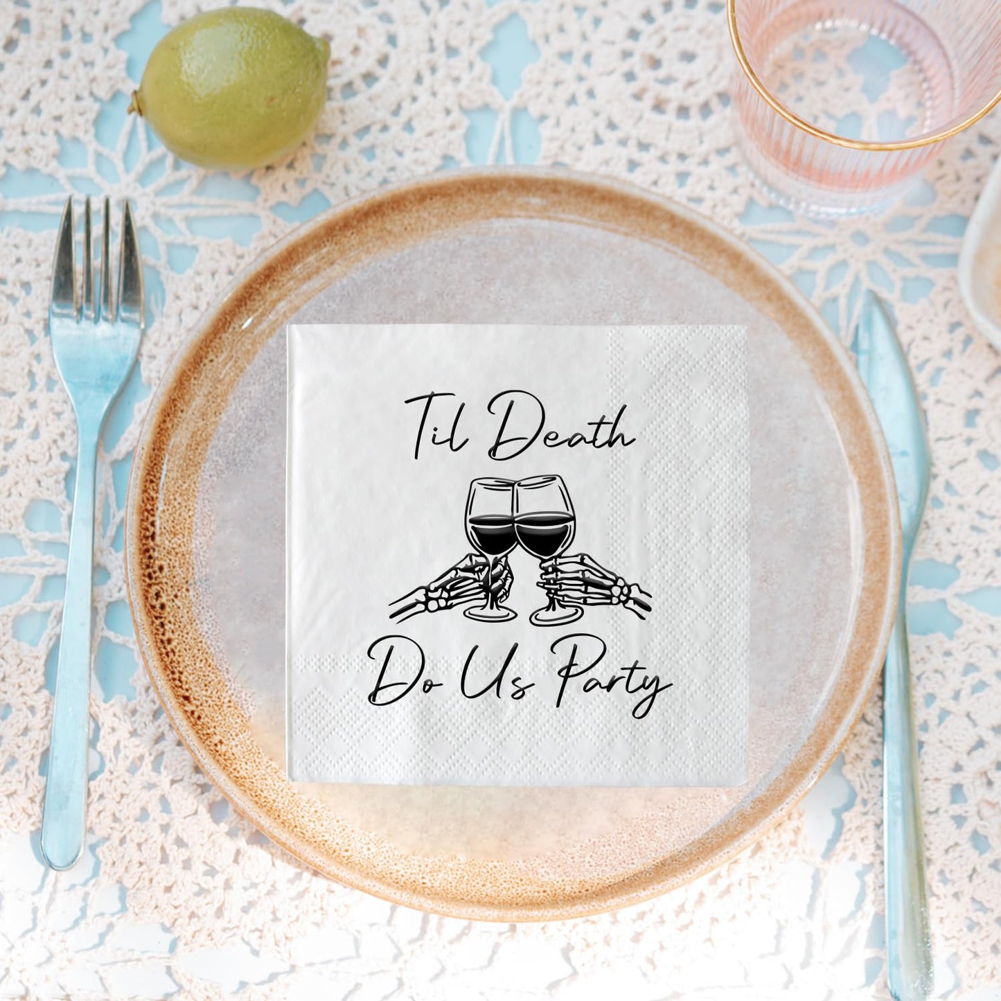 XIUHUBA Til Death Do Us Party Napkins, 50 Pack Black and White Halloween Skeleton Skull Cocktail Napkins for Funny Engagement Bachelorette Wedding Bridal Shower Party Decorations, 3-Ply