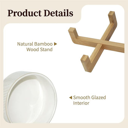Elevated Ceramic Cat and Dog Double Bowl Set - 14 oz Lead-Free Feeder with Two Natural Bamboo Wood Stands (White Stripes)