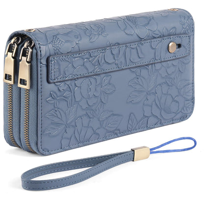 GAEKEAO Womens Wallet Large Capacity with Phone Pocket, Double Zip Around RFID Blocking Clutch Purse Wristlet Grip Hand Strap