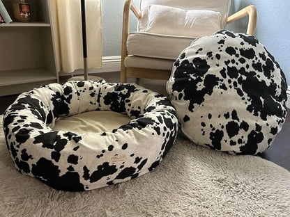 Organic Cotton Canvas Dog Bed: Removable Cover, Natural Fill - Made in USA (Cow Print Black White, Medium 28" x 8" inches)