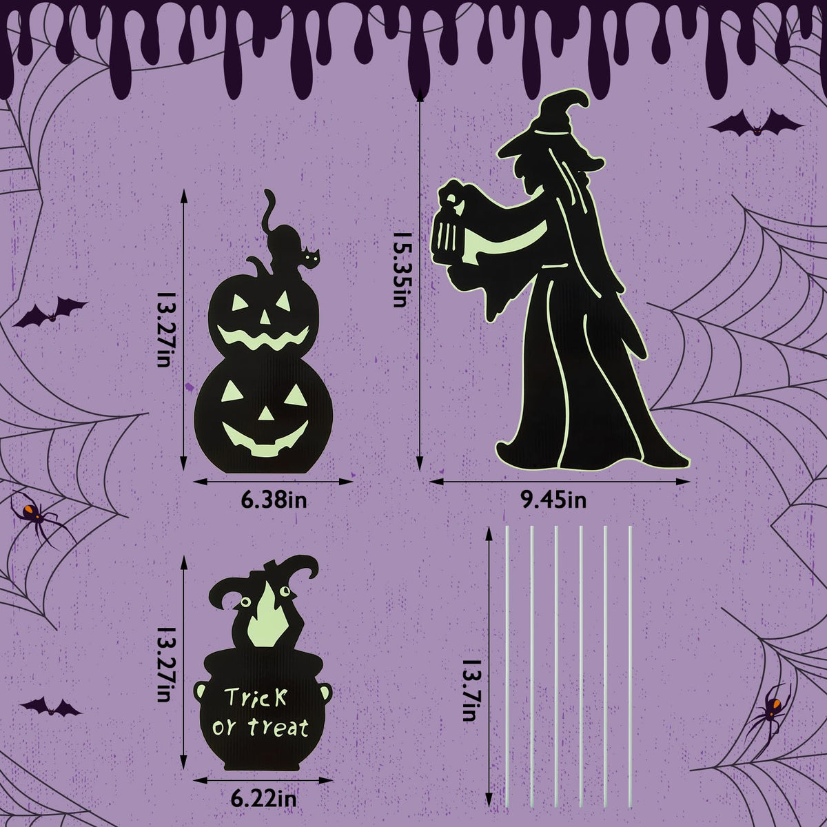 Halloween Outdoor Yard Decorations, 3 Pack Glow in The Dark Witch and Pumpkin Lawn Signs Waterproof Witch's Cauldron Potions for Garden, Walkway, Patio, Porch Outside Decor