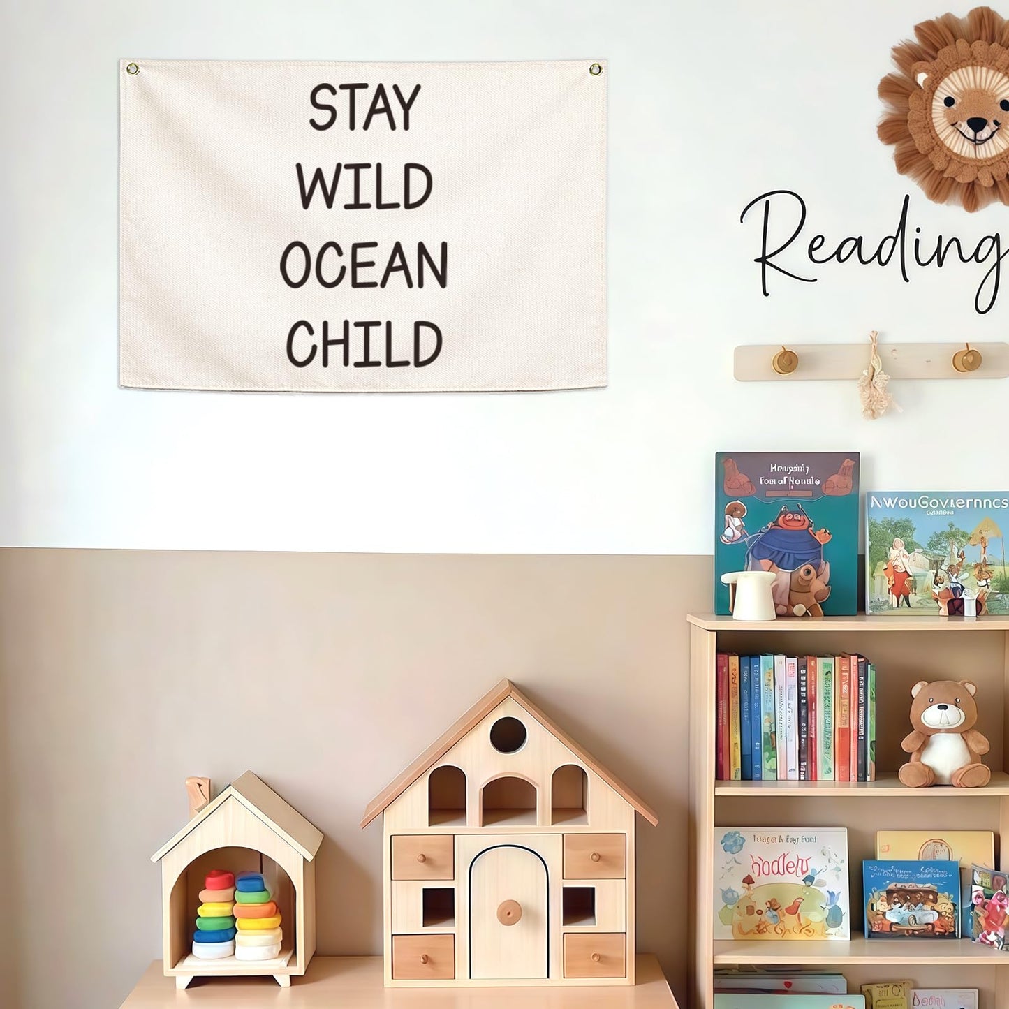 Nursery Canvas Banner Wall Decor-Hanging Rectangular Poster Flag Sign Art for Baby Kids Newborn Nephew,Bedroom Playroom Babyroom Door Decor,Stay Wild Ocean Child Quote,Christmas Gift 28.5"L x 20"W