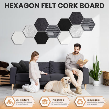 Hexagon Cork Bulletin Boards for Walls Decor, 10 Pack Felt Board Tiles with 25 Push Pins, Photo Display Board for Office & Home Classroom DIY Decor