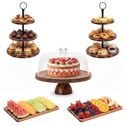 5 Pcs Wooden Dessert Table Display Set,Acacia Wood Cake Stand with Dome Lid,2 Pcs 3-Tier Dessert Display Stands and 2 Serving Trays Hosting Essential for Wedding Birthday Party Baby Shower Christmas