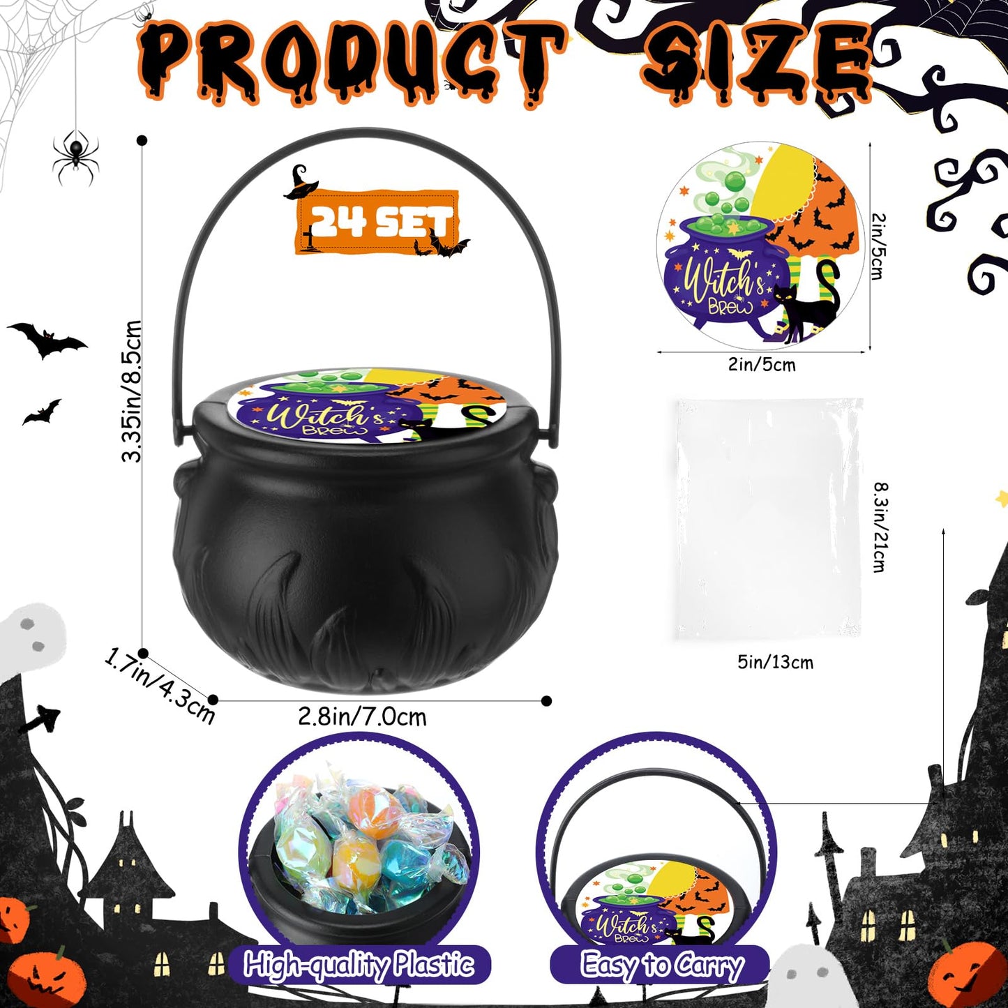 Roowest 24 Sets Halloween Party Favors, Halloween Mini Cauldrons Card Opp Bags Goodie Bag Fillers Gifts Party Supplies Non Candy Trick or Treat for Rewards