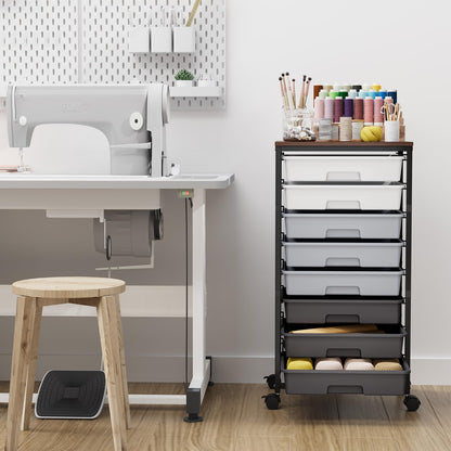 Rolling Storage Cart with 8 Drawers, Utility Cart on Wheels with Wooden Tabletop, Utility Cart for Teacher Storage, Office Organizer, Classroom Storage Cart, Craft Storage, Grey