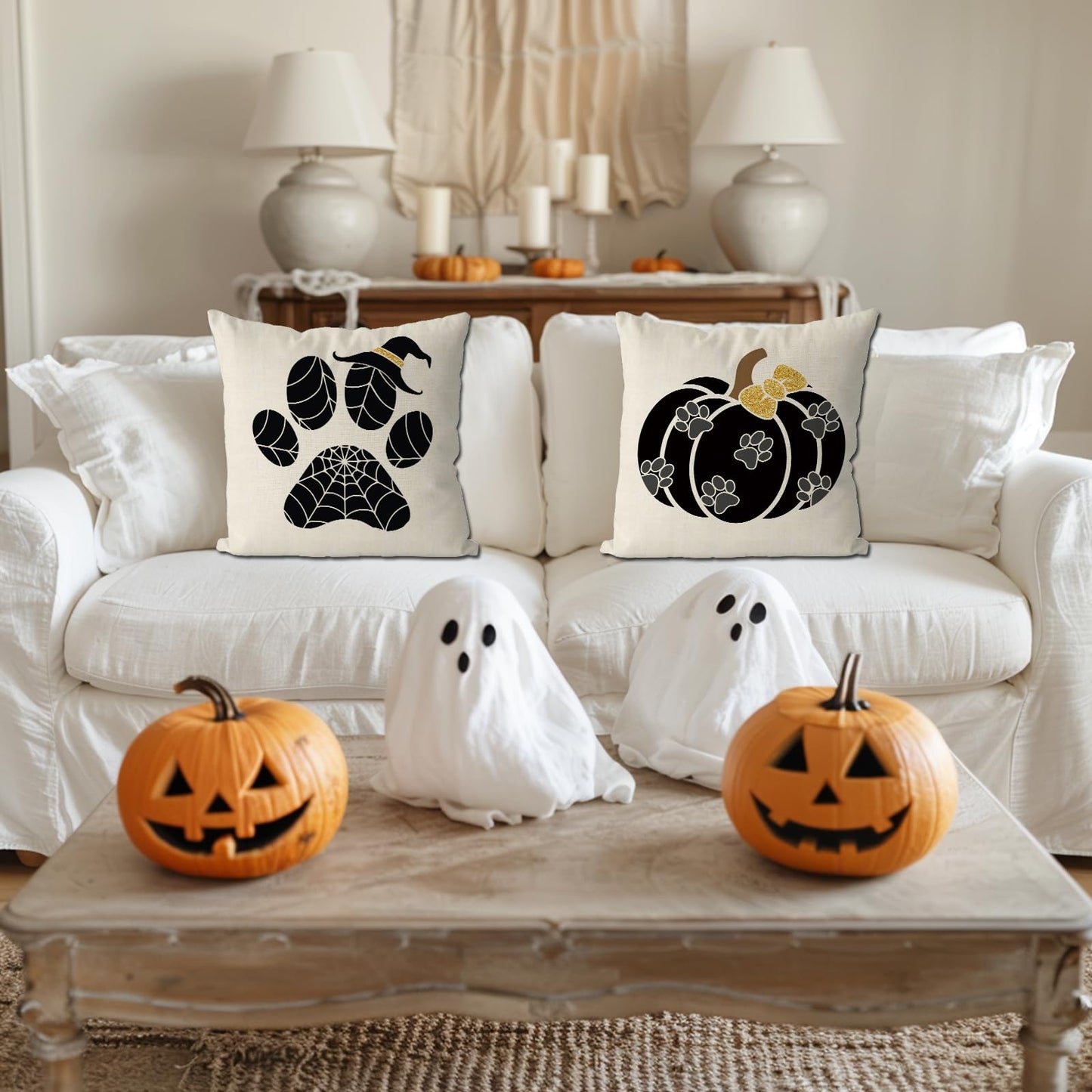 GAGEC Halloween Pillow Covers 18x18 Inch Set of 4 Dog Paws Pumpkin Throw Pillow Covers Holiday Farmhouse Pillowcase Couch Cushion Case for Indoor Outdoor Home Sofa Decor