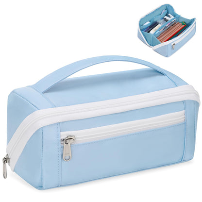 BrainyBees Large Capacity Pencil Case - Pencil Pouch for Teen Girls & Boys, Aesthetic Pouch Organizer with 8 Compartments, Wide Opening Marker Bag for Middle High School College, Fits Calculator, Blue