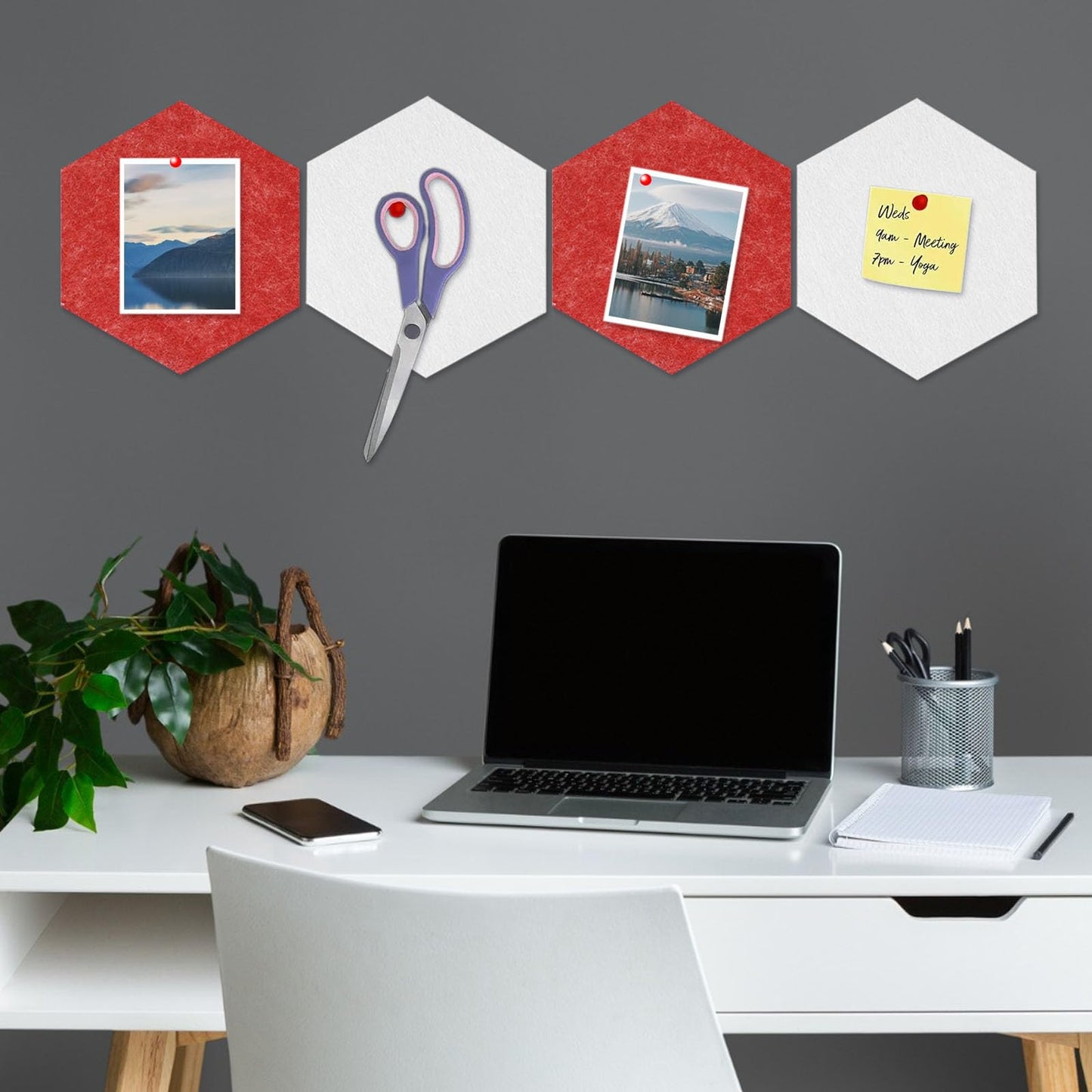 8 Packs White Red Hexagon Felt Pin Board, 12" Bulletin Board with 30 Push Pins, Felt Board for Home Kitchen Office Decor, Self-Adhesive Corkboard Tiles for Walls Message Photos Memos Display