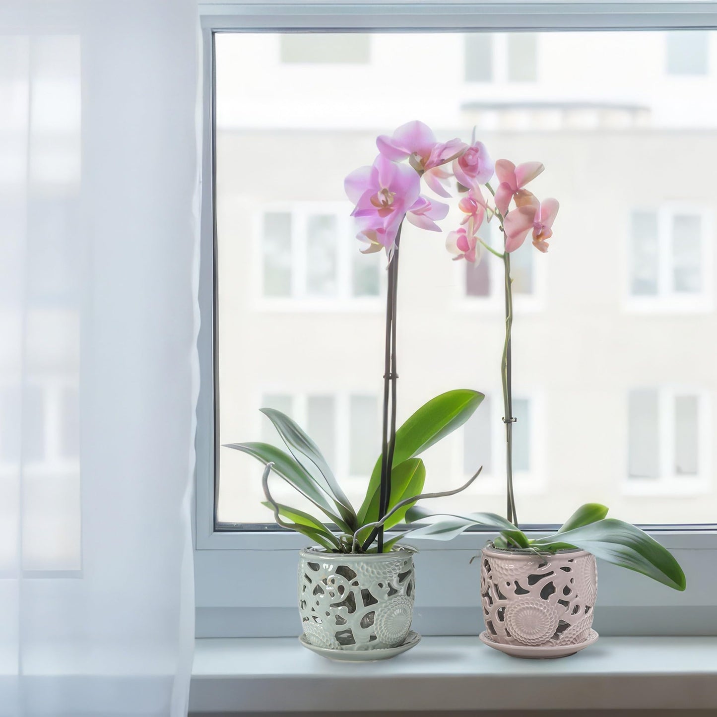 HERDUK Ceramic Orchid Pot, Orchid Pots with Drainage Holes & Saucer 6.5 Inch,Orchid Pot for Repotting Indoor, Orchid Containers with Precise Aeration & Drainage Sky Blue
