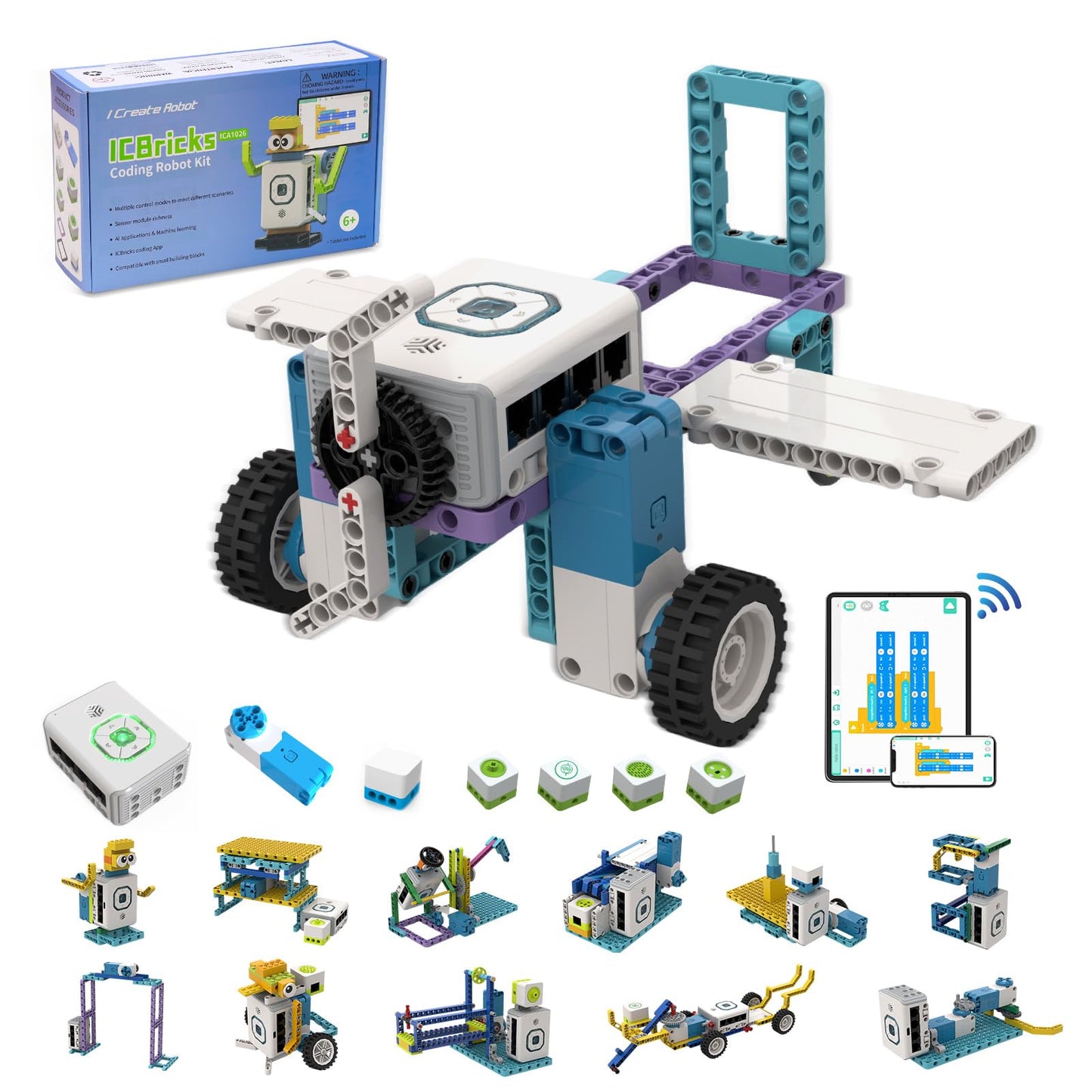 ICreateRobot 12 in 1 Coding Robot Kit ICBricks for Kids 6+, 240+ Piece Educational AI STEM Remote Building Learn to Code with Hub,Motor,Sensor,APP Control for Girls Boys Gift