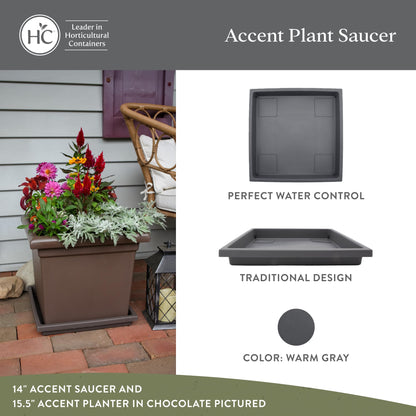 The HC Companies 11 Inch Accent Square Plant Saucer, Lightweight UV-Resistant Plastic Outdoor & Indoor Flower Pot Tray, 2-Pack Plant Pot Trays for Garden & Home Decor, Warm Gray