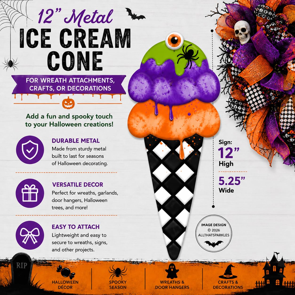 Craig Bachman 12" Metal Halloween Ice Cream Cone Sign, Halloween Tree Ornament, Wall Art, Garland, Wreath Accent Ornament Sign