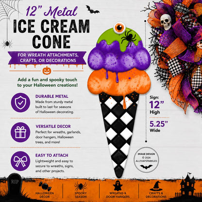 Craig Bachman 12" Metal Halloween Ice Cream Cone Sign, Halloween Tree Ornament, Wall Art, Garland, Wreath Accent Ornament Sign