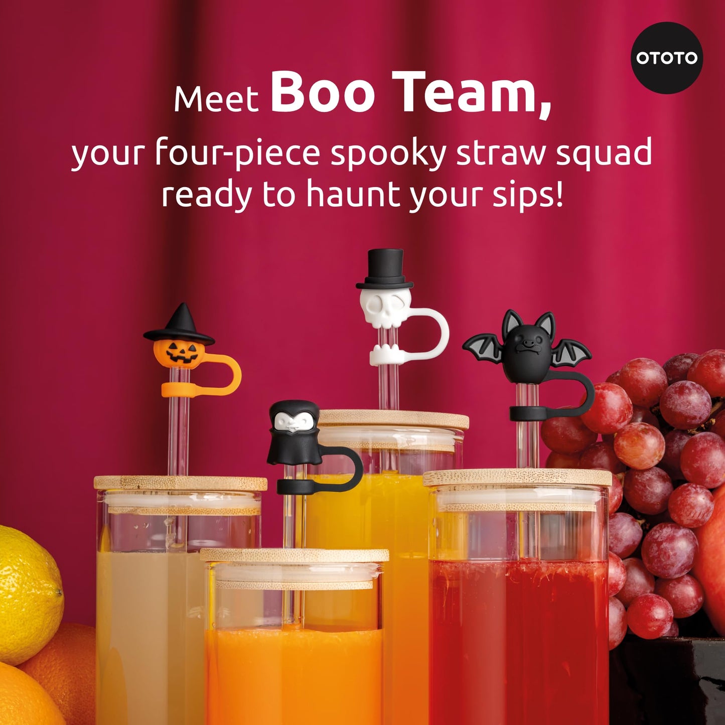 OTOTO Boo Team Straw Toppers Set of 4 - Straw Covers Cap for Tumblers, Covers, Caps for Tumbler Accessories, Cute Water Bottle Accessories, Goth Halloween Spooky Witchy Gifts, Witch