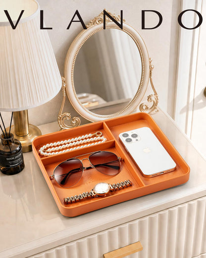 VLANDO Valet Tray Organizer, PU Leather Catchall Tray with Dividers for Keys Wallet Watch Phone Jewelry, Nightstand Dresser Desk Organizer for Sunglasses Perfume Earbuds Accessories, Orange