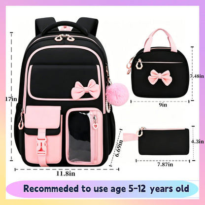 kistou Backpack for Girls Kids Backpack for School with Lunch Bag Pencil Case Kawaii Bow Kids Bookbag for Teen Elementary Middle School