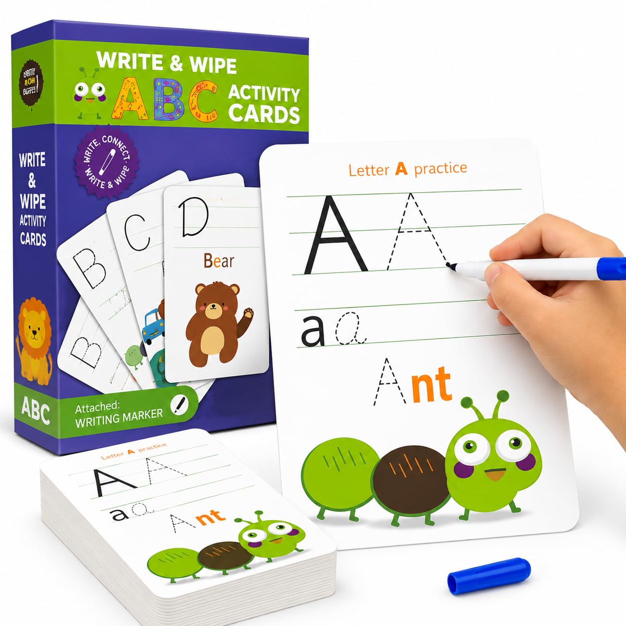 Write & Wipe Activity Cards for Kids, Reusable Tracing Flash Cards, Preschool Handwriting Practice Set, Letter Number Math Learning Activities Ages 3-6 (Letter Tracing)
