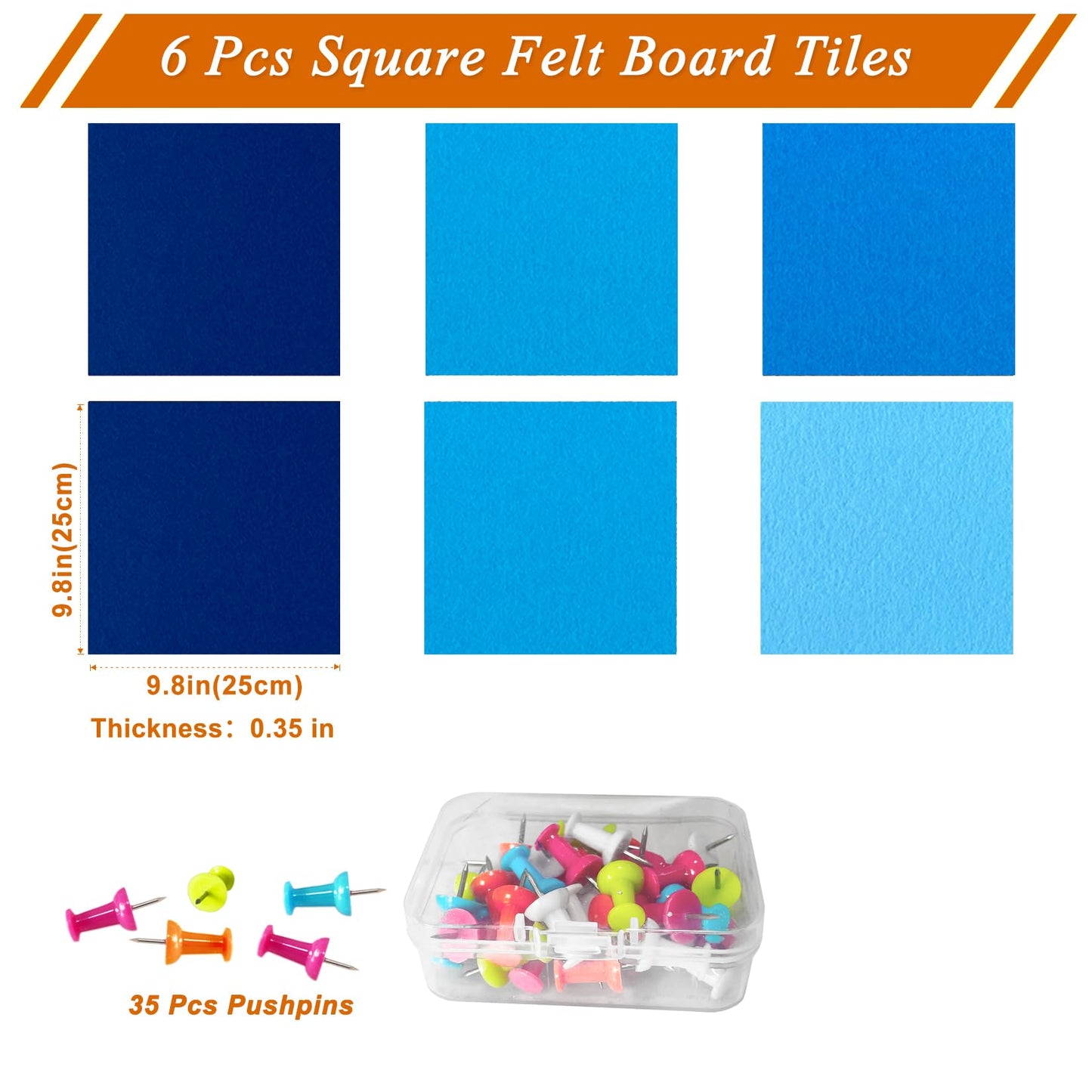 HULAVO Square Felt Cork Bulletin Board Tiles, Self Adhesive DIY Felt Pin Board for Wall 30" x 20" with 35 Pushpins for Office School Home Wall Decor Stickers Memos Photos Display (Gradual Blue)