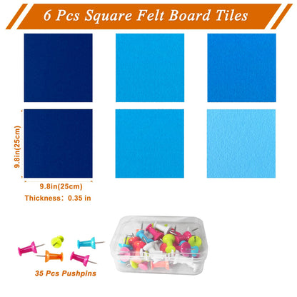 HULAVO Square Felt Cork Bulletin Board Tiles, Self Adhesive DIY Felt Pin Board for Wall 30" x 20" with 35 Pushpins for Office School Home Wall Decor Stickers Memos Photos Display (Gradual Blue)