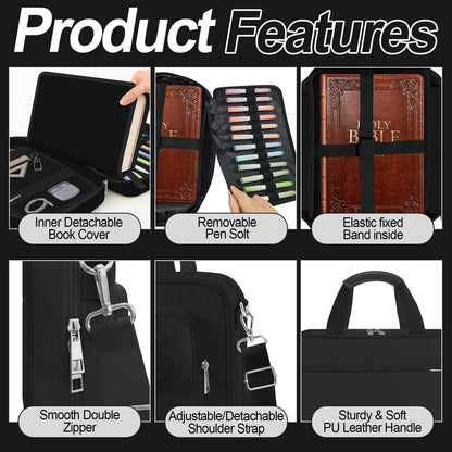 IBOVODI Bible Cover Case for Men Women with Highlighters Tabs Pens Cross Clips Large Church Bag with Zippered Pocket and Handle, Bible Study Supplies Bible Journaling Kit Book Carrying Case (Black)