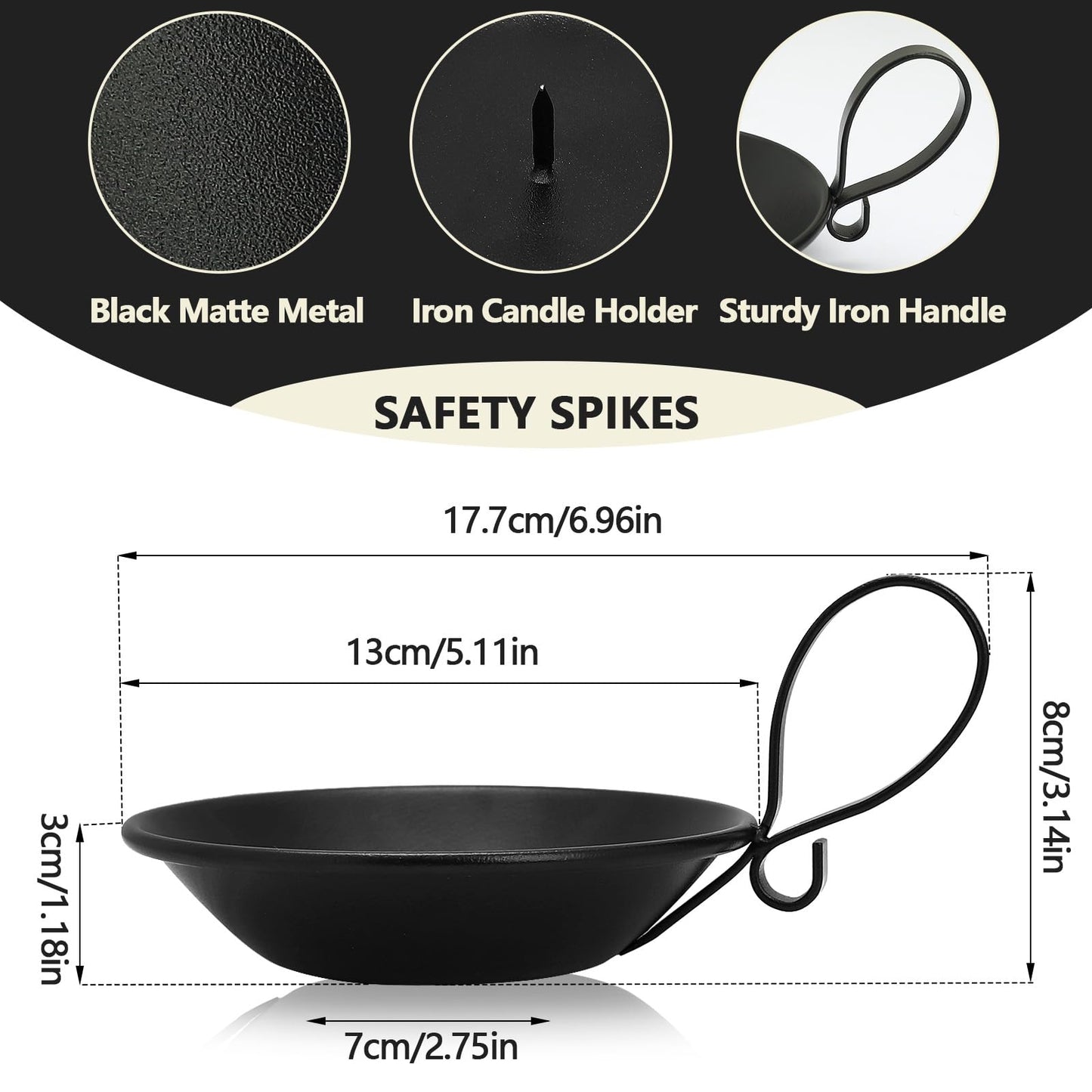 Matte Black Iron Candle Holder with Handle, 2pcs Iron Pillar Candle Holders with Safety Spike for Pillar/Ball Candles, Table Centerpiece Decoration