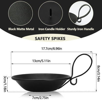 Matte Black Iron Candle Holder with Handle, 2pcs Iron Pillar Candle Holders with Safety Spike for Pillar/Ball Candles, Table Centerpiece Decoration