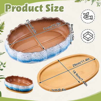 Singhoow Succulent Planter Pot with Drainage Holes Large Ceramic Glazed Planter with Bamboo Wooden Tray and mesh Pads Shallow Bonsai Pot for Indoor Cactus Flower Plant(Lotus-Shaped,Turquoise)