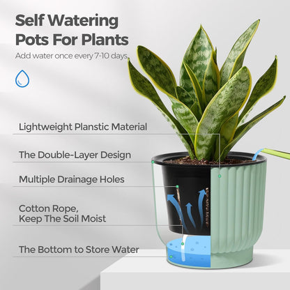T4U 6 Inch Self Watering Pots for Indoor Plants, 6 Pack Plant Pots, Self Watering Planter for Indoor Plants, Durable Plastic Pots, Flower, Succulents (6 Pack, 6", Green)