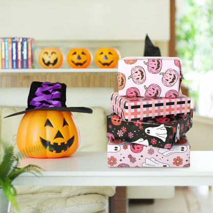 12 Sheets Halloween Wrapping Paper - Not Roll - Pink White Ghost Pumpkin Gift Wrap Paper Folded Flat Cute Art Paper for DIY Crafts, 19.7 x 27.6 Inch