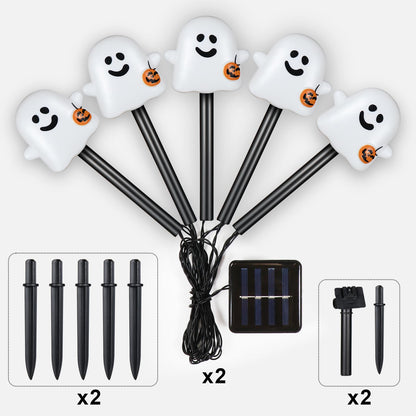 BRIGHTDECK Solar Halloween Ghost Pathway Lights, 10 Pack Ghost Stake Lights with Pumpkin Design, Durable Waterproof Outdoor Halloween Decoration for Garden, Walkway, and Yard (Cold White)
