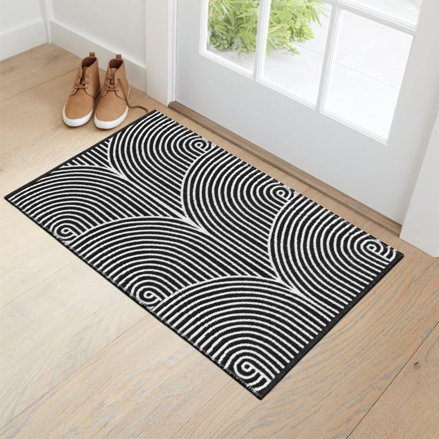Tiffasea Front Door Mat 2'x3', Machine Washable Welcome Mats Cotton Woven Small Rug Reversible Indoor Outdoor Rugs Layered Floor Mat for Entryway/Kitchen/Bathroom/Bedroom(Black and White)