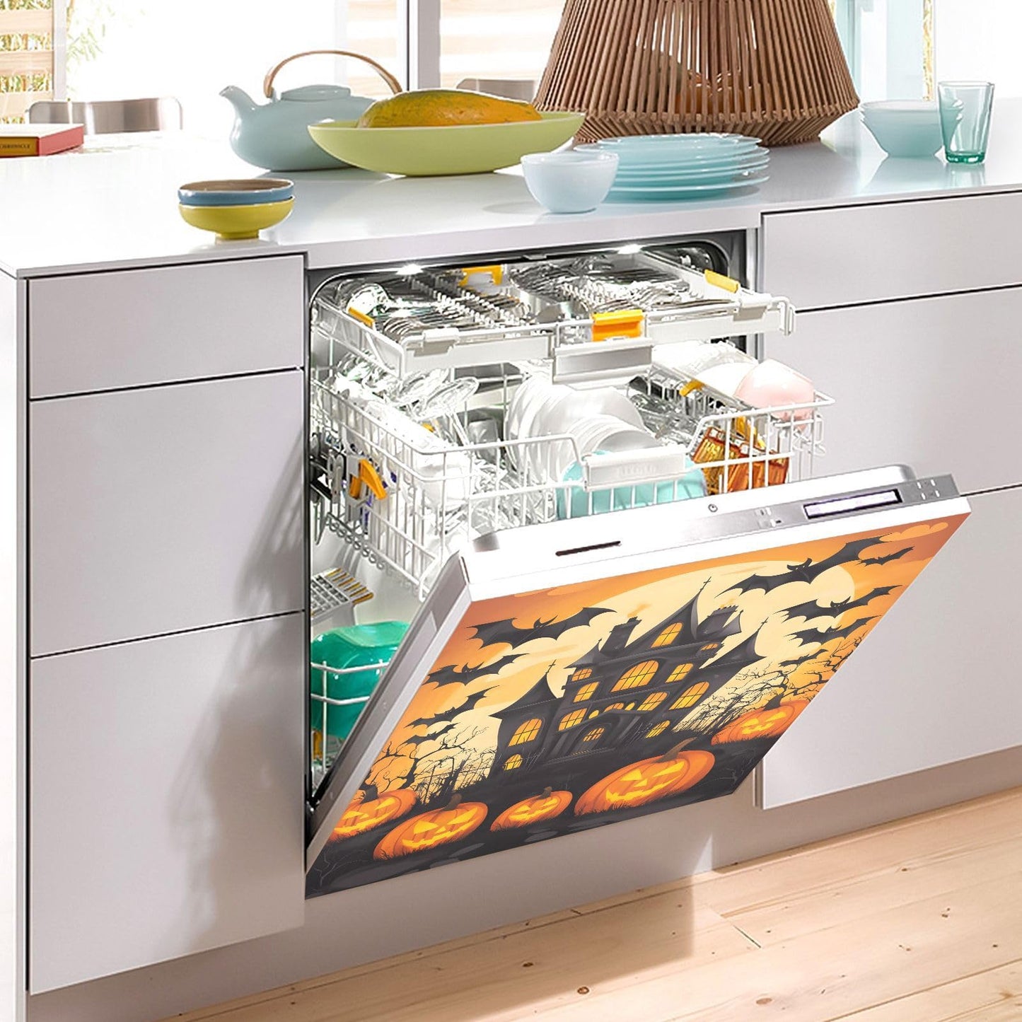 Halloween Castle Pumpkin Dishwasher Magnet Cover Panel,Magnetic Dishwasher Covers Refrigerator Sticker Decal Halloween Decorative Washing Machine Cover for Home Kitchen,23x26in
