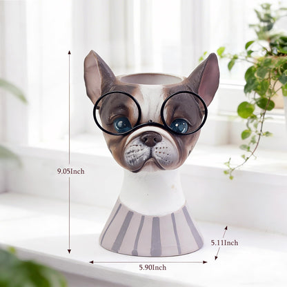Made Funny Face Dog Flower Pots with Glasses - Standing Resin Planter Pot for Succulent & Trailing Plants, Cute Animal Novelty Planters, Indoor Outdoor Garden Decor