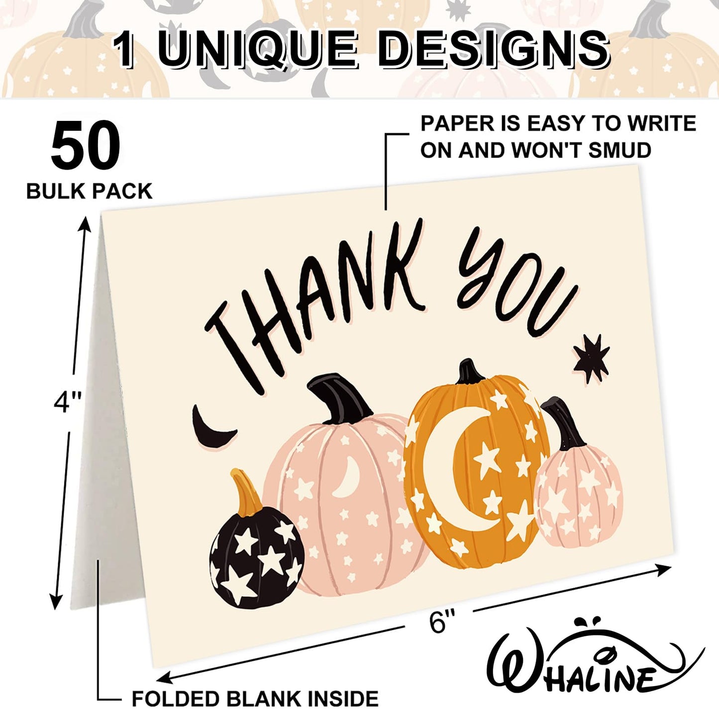 Whaline 50 Pack Fall Thank You Cards Pink Orange Pumpkin Greeting Cards with Envelopes Stickers Blank Note Card for Autumn Thanksgiving Halloween Wedding Baby Shower Birthday, 4 x 6 Inch
