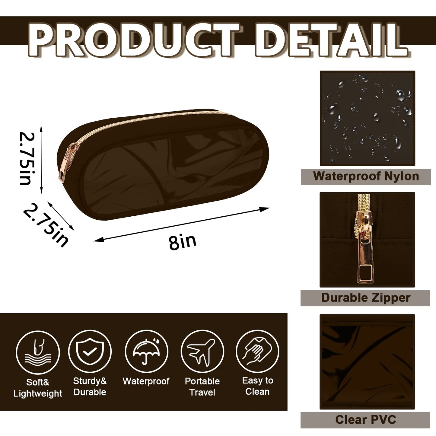 UIXIZQ Clear Small Pencil Pouch Makeup Bag for Purse,Nylon&PVC Pencil Case Waterproof Makeup Brush Holder with Zipper,Preppy Transparent Pen Bag Travel Cosmetic Bag for Women Office(Slim-Chocolate)