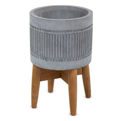 Truu Design Concrete Planter Pot with Wooden Stand, 5 x 8 inches, Grey