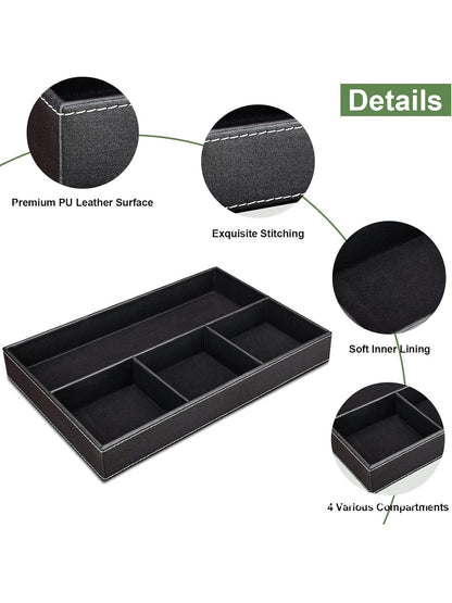 2 Pack Nightstand Drawer Organizer, Faux Leather Valet Tray for Men Women Stackable Jewelry Organizer for Drawers Caddy Tray for Key, Wallet, Watch, Sunglass, Coin, Phone, Bedside Desk-top Storage
