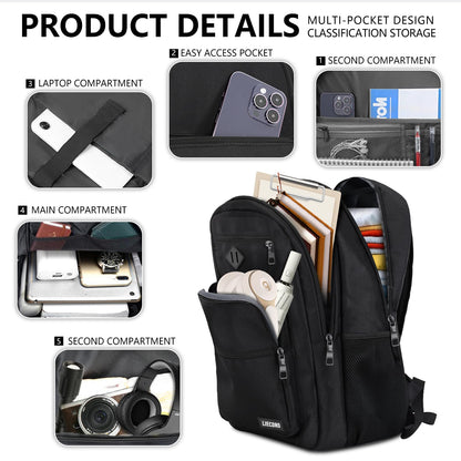 LIECDRO Black Backpack for Men, School Backpack for Boys Teens,15.6 inch Laptop Back Pack with Reinforced Straps, Backpacks for School Business Work College Travel, College Book Bag, Bookbag