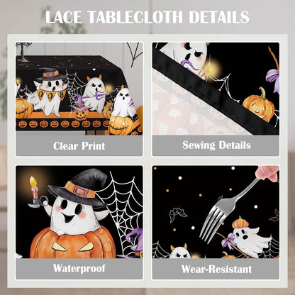 Arquiel Halloween Ghost Pumpkin Tablecloth Waterproof, Black Orange Plaid Table Cloth Rectangle, Washable Table Cover for Halloween Party Home Kitchen Decoration (60×104 Inch)