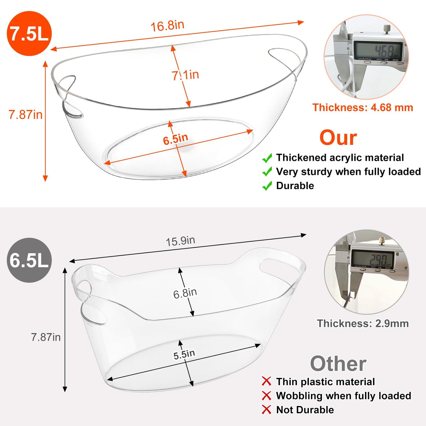 Blaithom 2-Pack Ice Buckets for Parties, 7.5L Clear Acrylic Beverage Tub