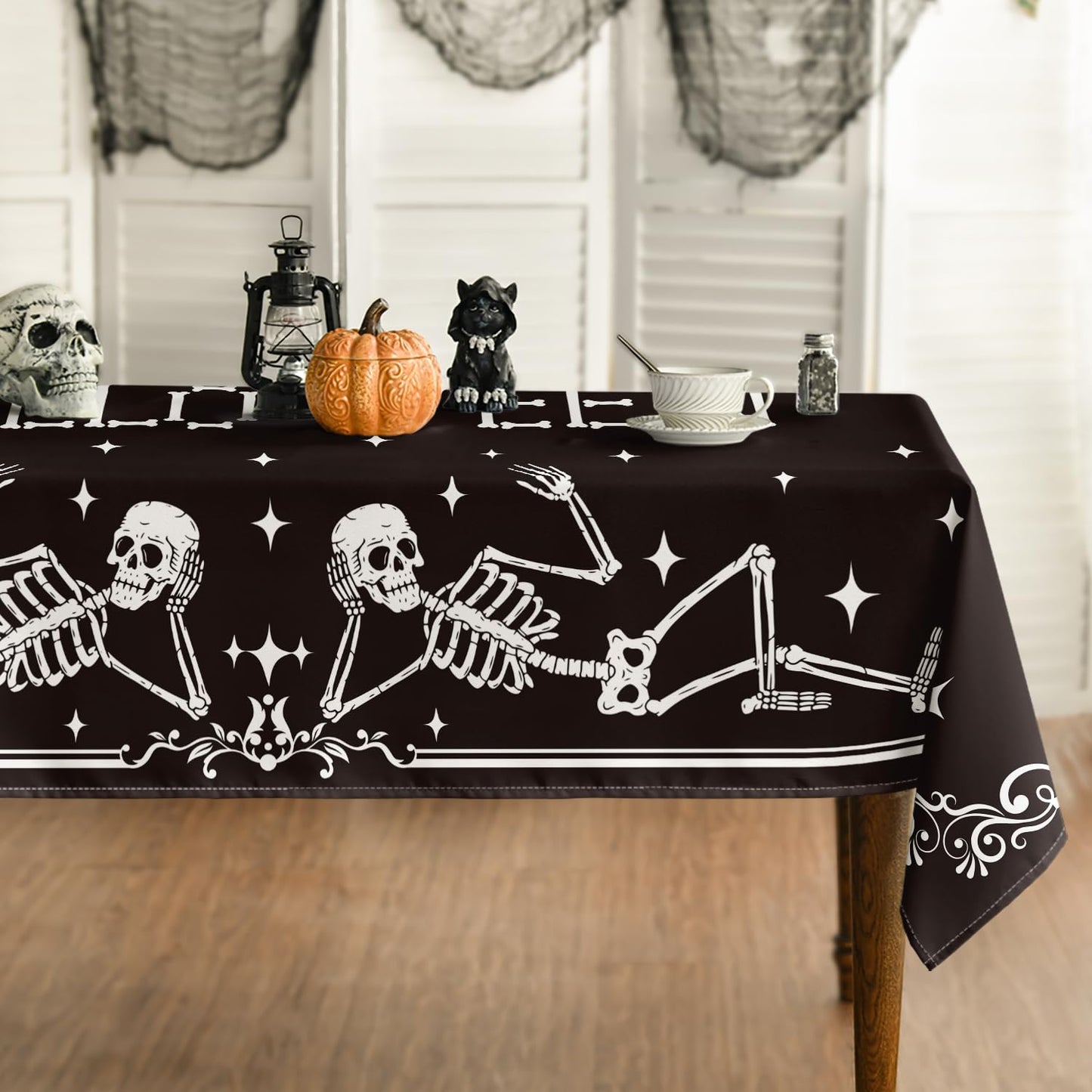 Horaldaily Halloween Tablecloth 60×60 Inch Square, Spooky Skeleton Skull Star Black Washable Seasonal Table Cover for Party Picnic Dinner Decor