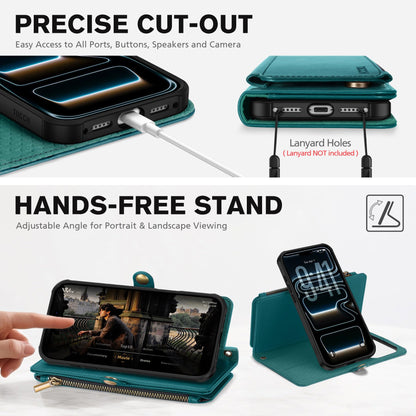 TUCCH Detachable Crossbody Wallet Case for iPhone 17 Pro Max (6.9"), 10 Card Slots RFID Blocking | Lanyard Wrist Strap | Wireless Charging | Zipper Pocket | PU Leather Stand Flip Cover | Bluish Green