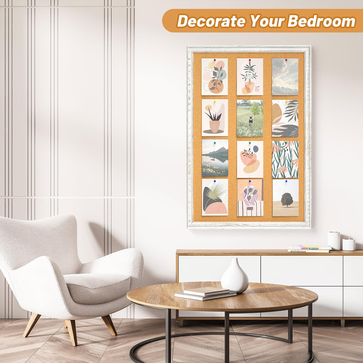 White Cork Board for Wall, 36 x 24 inches Decorative Bulletin Board, Rustic Wooden Frame Pin Board for Office, Dorm, Home Decor