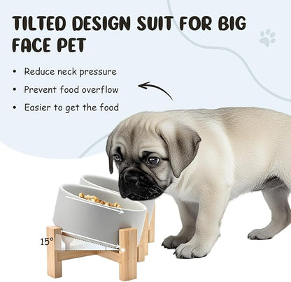 SPUNKYJUNKY 15° Slanted Ceramic Dog and Cat Bowl with Wooden Stand, Tilted Bulldog Food and Water Bowl No Slip Non-Spill for Cats Medium Dogs Big Face Pets 13.5 OZ (1.7 Cups, Grey × 2)
