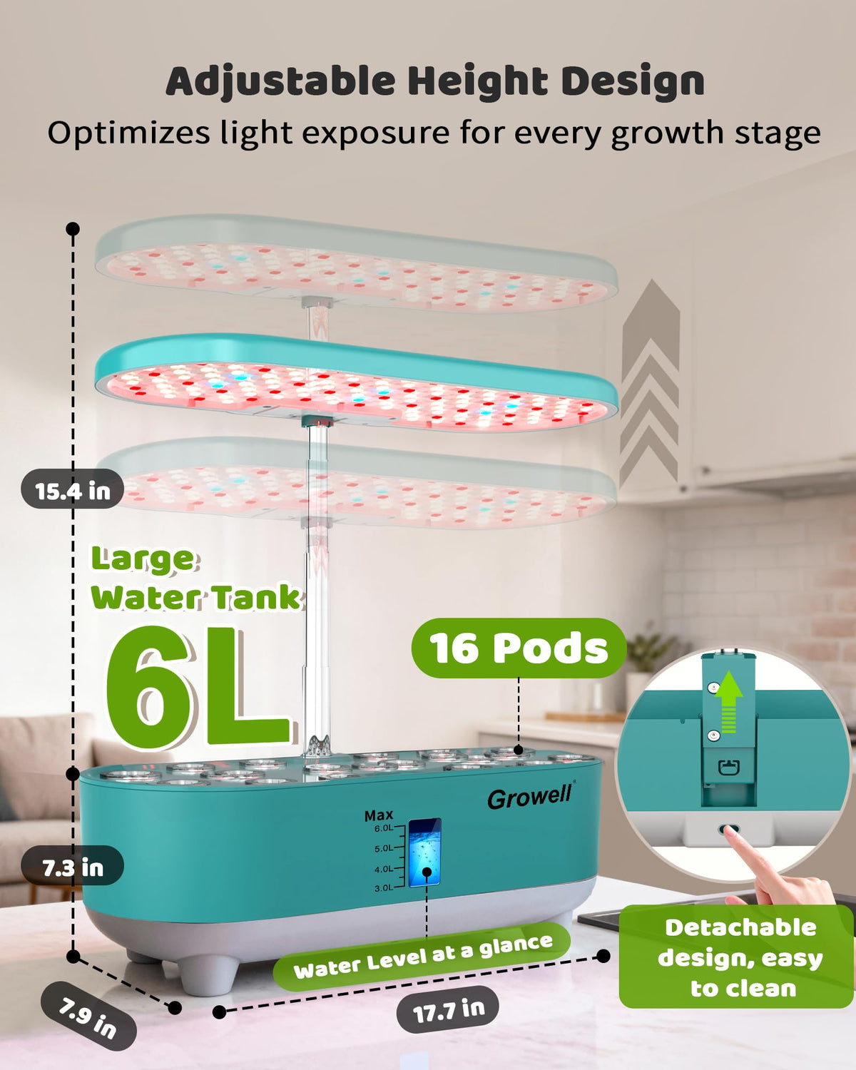 Growell Hydroponics Growing System Kit, 16 Pods, Vertical 8L Indoor Gardening System for Herb Vegetable Fruit, Hydro Garden with LED Grow Light, Smart Water Circulation, 3 Light Modes & 2 Timer, Green
