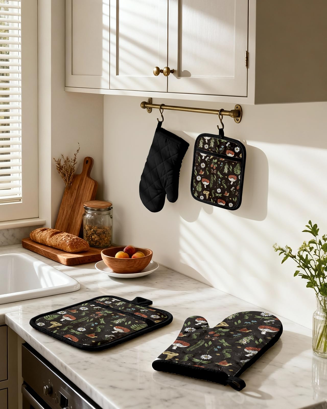 Miss Adola Cotton Oven Mitts and Pot Holders Sets - Quilted Lining Heat Resistant 4 Pieces Set with Hanging Loop Cute Farmhouse Boho Spring Kitchen Decor and Accessories, Black Mushroom