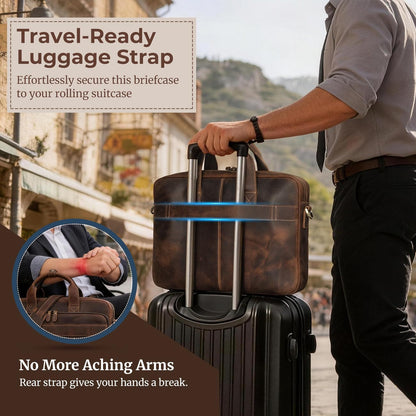 Augus Men's Buffalo Crazy Horse Leather Briefcase for 16 Inch Laptop, Computer Bag with YKK Zipper & Luggage Strap, Fits 16" MacBook, Work Travel Messenger Shoulder Bag, Brown